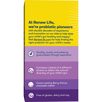 Renew Life Kids Probiotic Chewables – 3 Billion CFU, Digestive & Immune Support, Raspberry, 30 Tablets