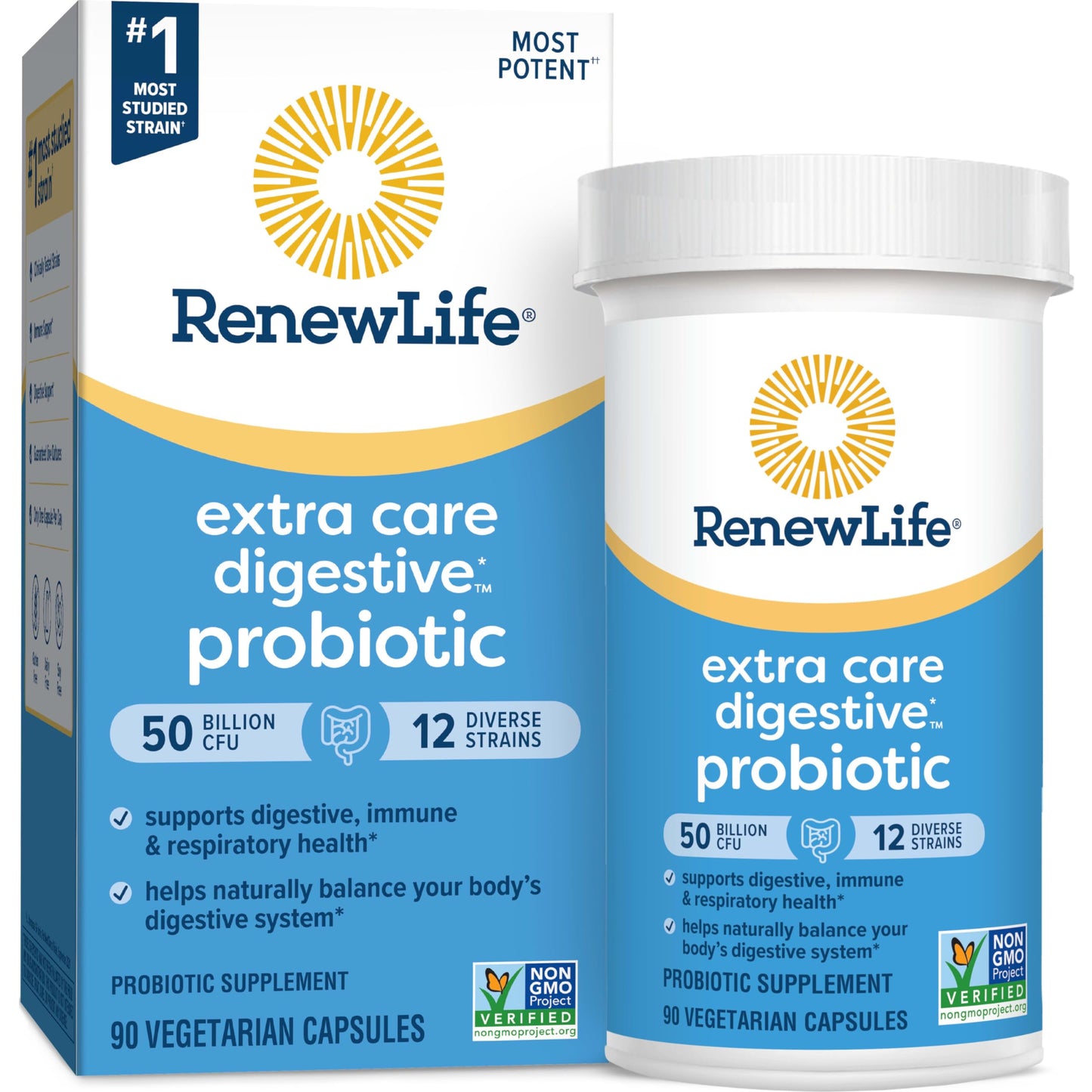 Renew Life Extra Care Probiotic – 50 Billion CFU, 12 Strains, 90 Caps | Gluten-Free, Dairy-Free, Soy-Free
