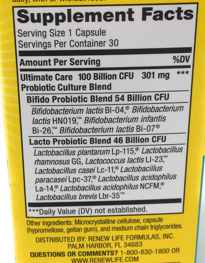 Renew Life Ultimate Flora Care Probiotic 100 Billion, 30 Count – Daily Probiotic