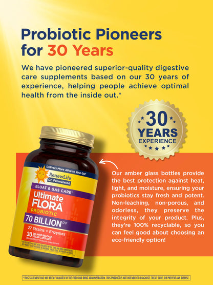 Renew Life Ultimate Flora Probiotics 70 Billion CFU – Gas & Bloat, Delayed Release Vegan Capsules (30 Count)