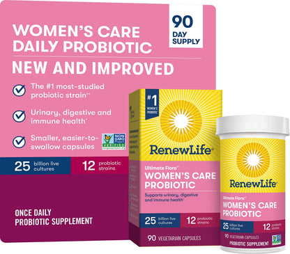 Renew Life Ultimate Flora Women's Care Probiotic 25 Billion CFU - 90 Capsules | Gluten Free, Non-GMO