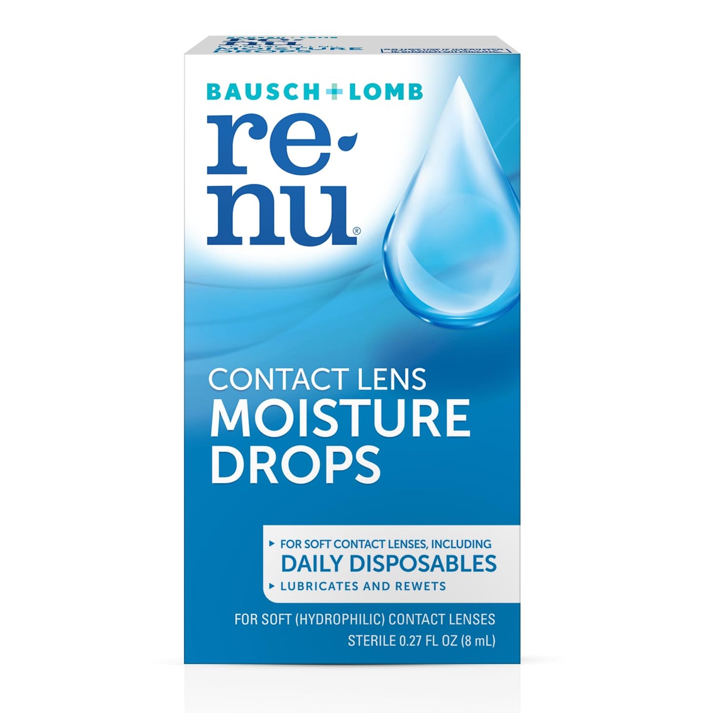 Renu Contact Lens Moisture Drops 0.27 fl oz (8 mL) - Pack of 6 | Rewetting & Lubricating Drops