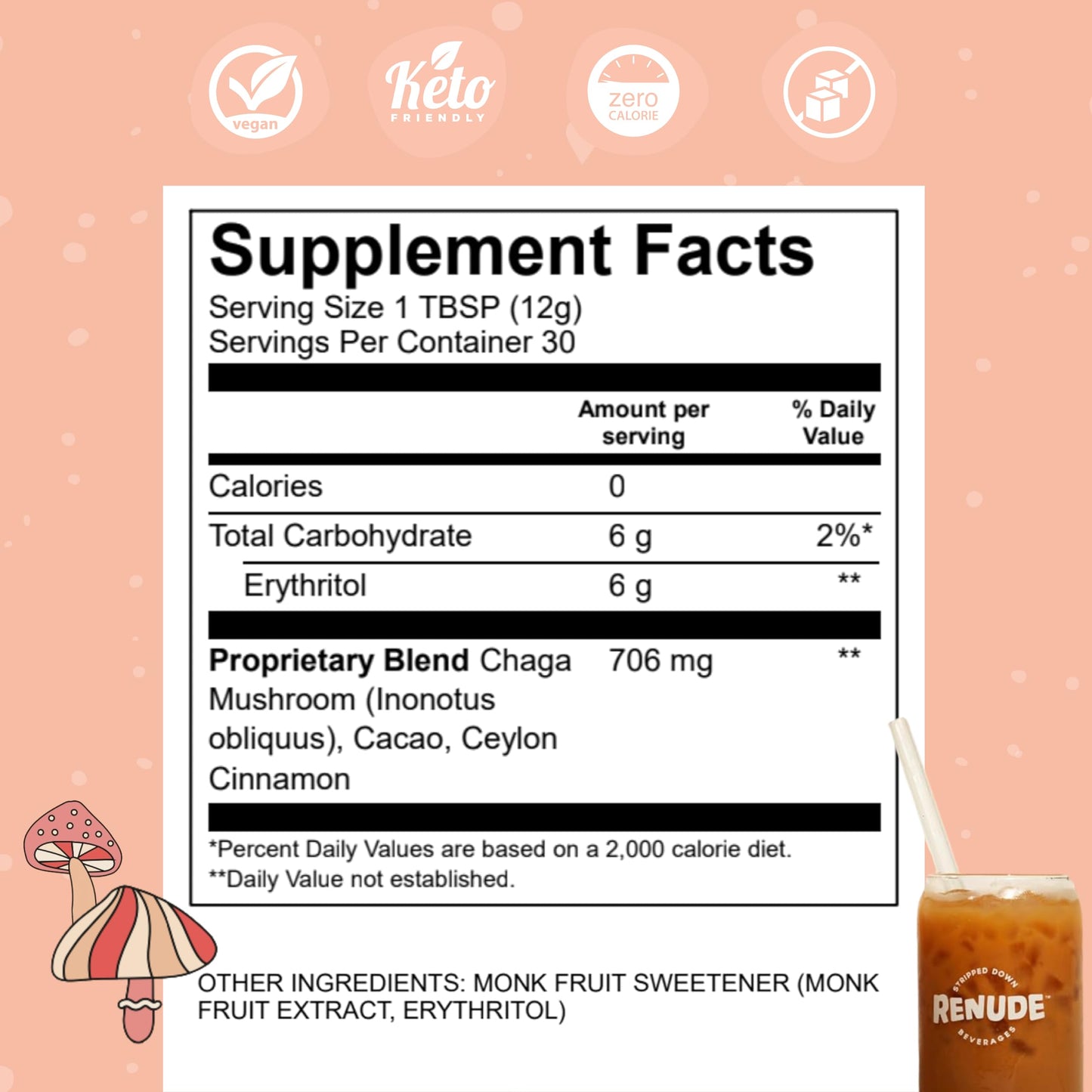 Renude Chagaccino – Wild Chaga Mushroom Powder & Adaptogen Drink Mix | Vegan, Keto, Zero-Calorie, 30 Servings