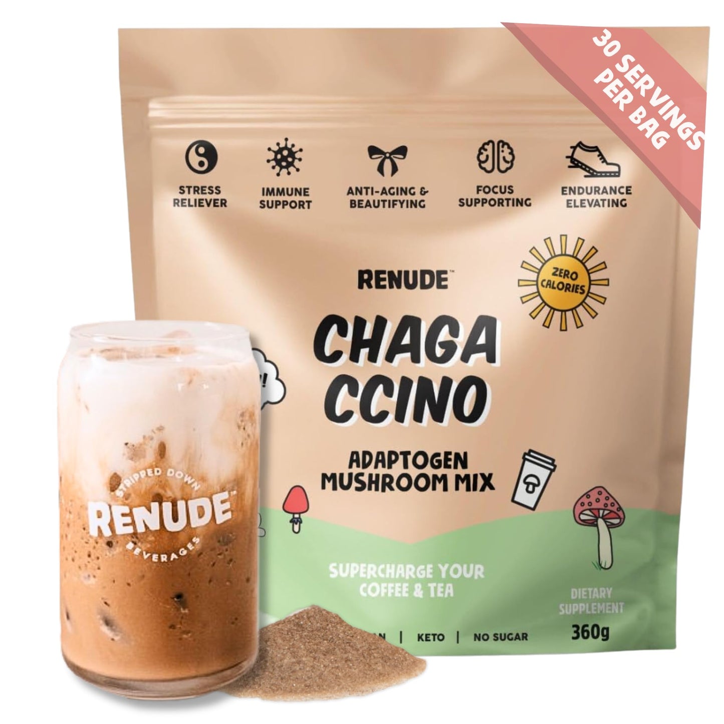 Renude Chagaccino – Wild Chaga Mushroom Powder & Adaptogen Drink Mix | Vegan, Keto, Zero-Calorie, 30 Servings