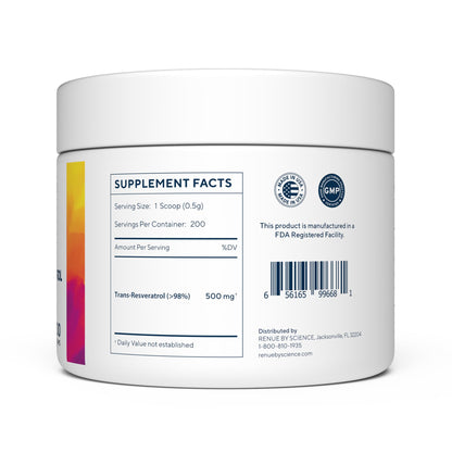 Renue By Science Resveratrol | High Strength Trans-Resveratrol Powder (100g) | Non-GMO & Allergen Free | Made in the USA