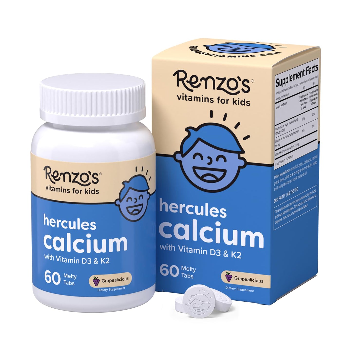 Renzo's Hercules Calcium + Vitamin D3 & K2 for Kids (Ages 2+) – Bone Health & Immunity, 60 Grape Melty Tabs