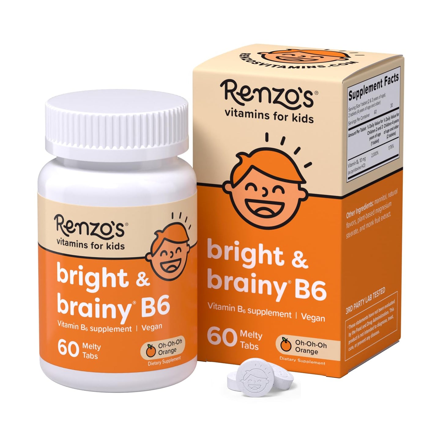 Renzo's Bright & Brainy Vitamin B6 for Kids - 60 Sugar-Free Melty Tabs, Orange