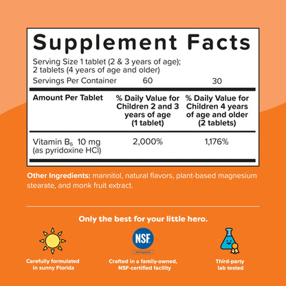 Renzo's Bright & Brainy Vitamin B6 for Kids - 60 Sugar-Free Melty Tabs, Orange