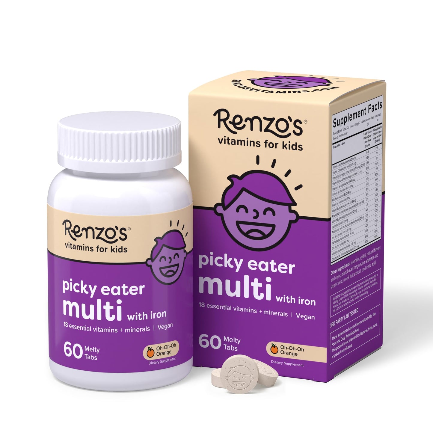 Renzo's Picky Eater Kids Multivitamin with Iron – Sugar-Free Orange Melty Tabs