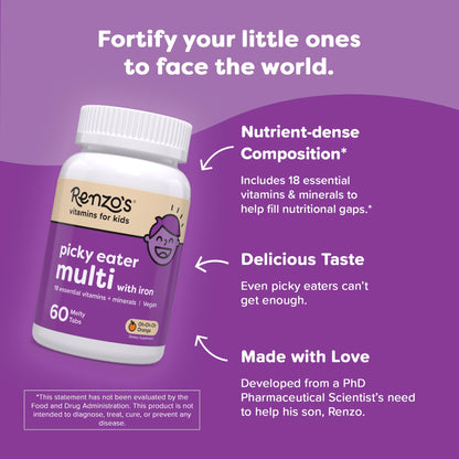 Renzo's Picky Eater Kids Multivitamin with Iron – Sugar-Free Orange Melty Tabs