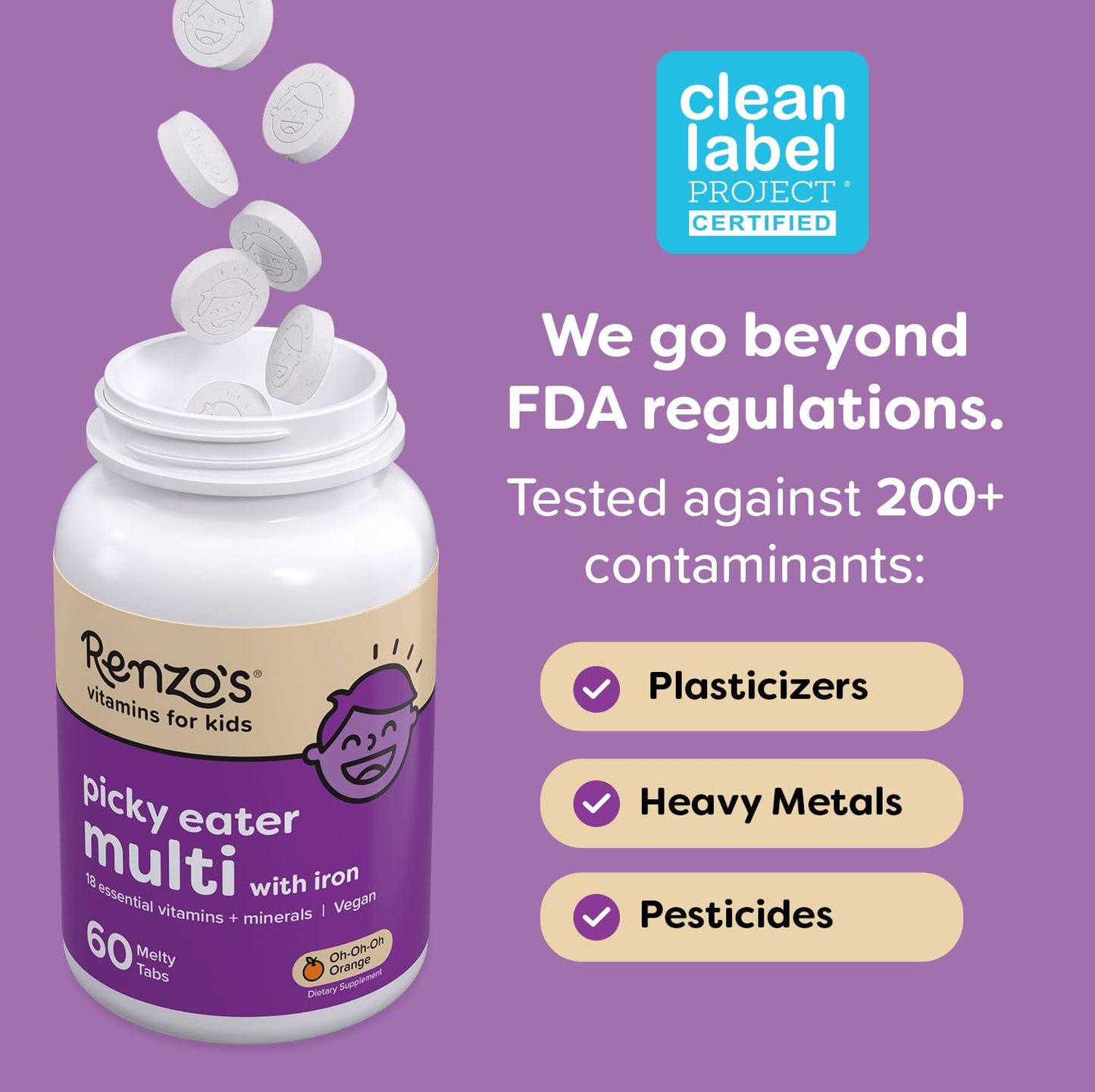Renzo's Picky Eater Kids Multivitamin with Iron – Sugar-Free Orange Melty Tabs
