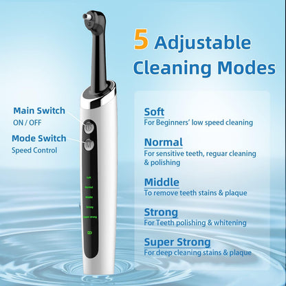 Tooth Polisher with LED Light - 5 Speed Modes, Teeth Cleaning Kit & 5 Replacement Brush Heads
