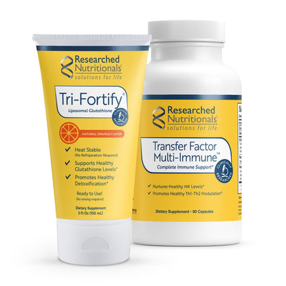 Researched Nutritionals Liposomal Glutathione 450mg + Colostrum & Mushrooms Immunity Duo – Enhanced Immunity Tri-Fortify + Transfer Factor Multi-Immune (2 Piece Set)