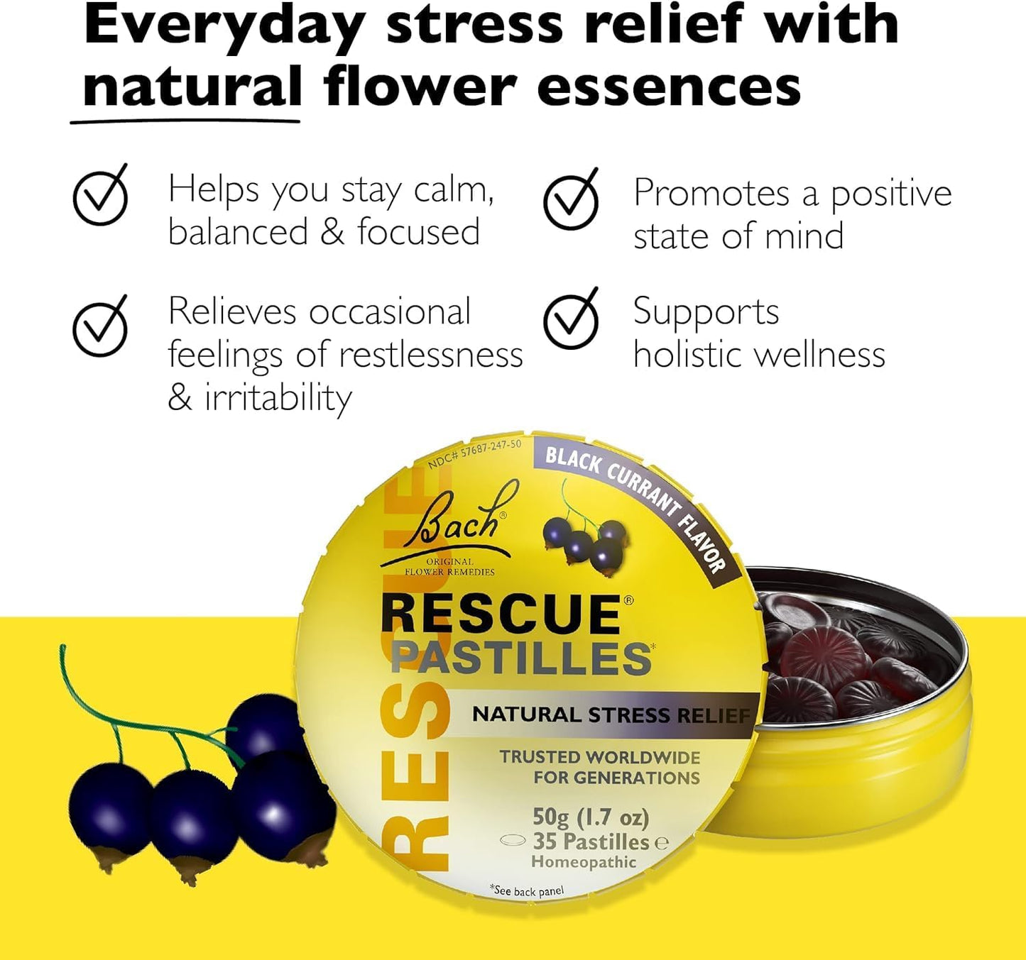 RESCUE Bach PASTILLES – Black Currant Stress Relief Lozenges (Homeopathic, 6-Pack)