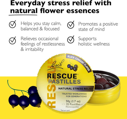 RESCUE Bach PASTILLES – Black Currant Stress Relief Lozenges (Homeopathic, 6-Pack)