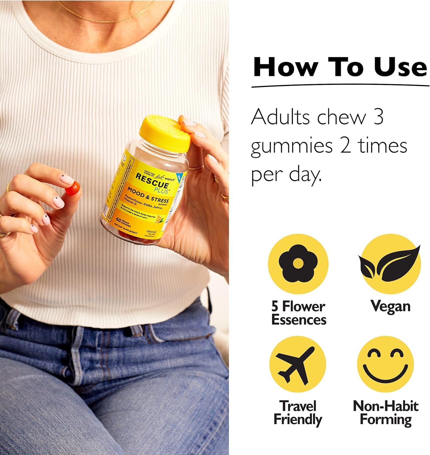 RESCUE Bach Plus Mood & Stress Gummies – Daytime Calm, Vegan, 3-Pack