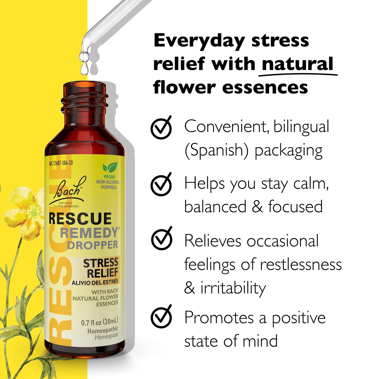 RESCUE Bach Remedy Dropper 20mL - Natural Stress Relief, Homeopathic Flower Essence, Vegan, Gluten & Sugar-Free, Non-Alcohol Formula