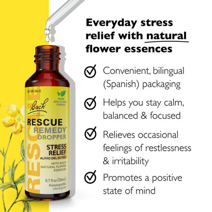RESCUE Bach Remedy Dropper 20mL - Natural Stress Relief, Homeopathic Flower Essence, Vegan, Gluten & Sugar-Free, Non-Alcohol Formula