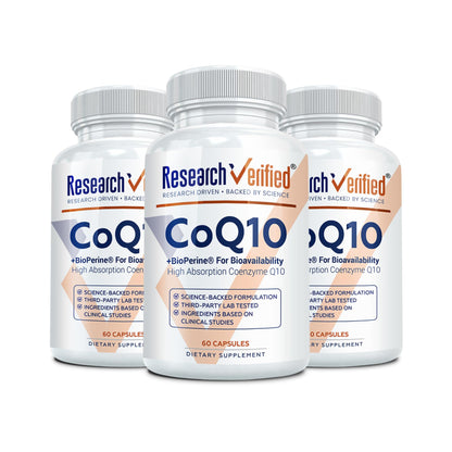 Research Verified CoQ10 – 250mg Pure CoQ10 with Bioperine, 180 Vegan Capsules | Enhanced Absorption