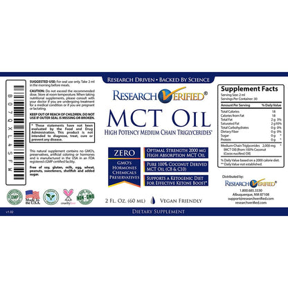 Research Verified 100% MCT Oil - 2 Fl Oz | Vegan Friendly | 1 Bottle