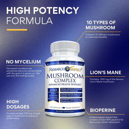 Research Verified Mushroom Complex - Immune Support, Antioxidants & Cognitive Function | 360 Vegan Capsules