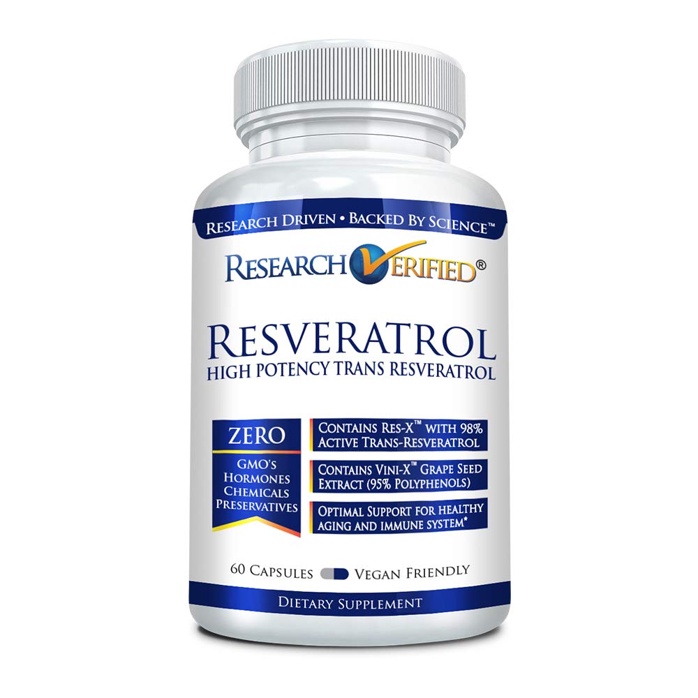 Research Verified Resveratrol - 98% Trans-Resveratrol 1000 mg, Anti-Aging Support - 1 Bottle - 60 Capsules