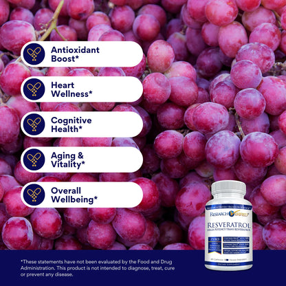 Research Verified Resveratrol - 98% Trans-Resveratrol 1000 mg, Anti-Aging Support - 60 Capsules per Bottle - 3 Bottles