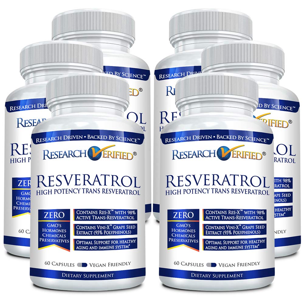 Research Verified Resveratrol - 98% Trans-Resveratrol 1000 mg, 60 Capsules per Bottle - 6 Bottles