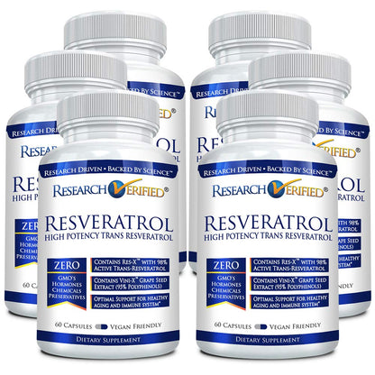 Research Verified Resveratrol - 98% Trans-Resveratrol 1000 mg, 60 Capsules per Bottle - 6 Bottles