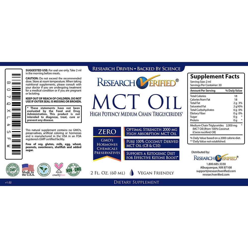 Research Verified 100% MCT Oil - 2 Fl Oz | Vegan Friendly | 1 Bottle