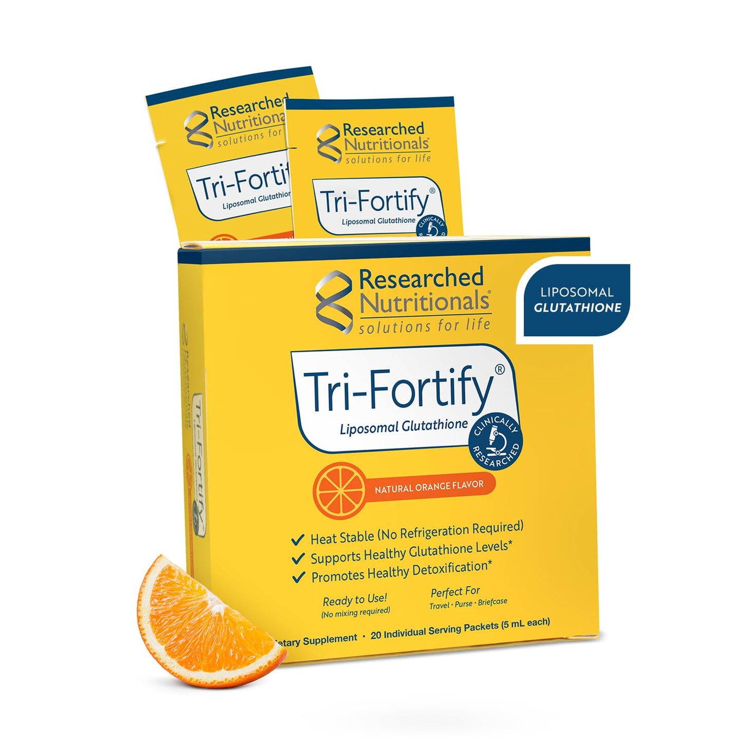 Researched Nutritionals Liposomal Glutathione (450mg) Liquid Gel + Vitamin C — Tri-Fortify | Immune Support & Detox, Orange Flavor, 20 Pack