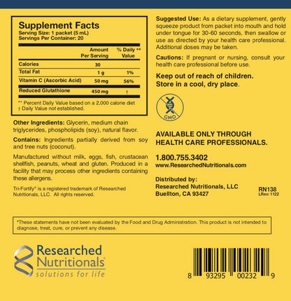 Researched Nutritionals Liposomal Glutathione (450mg) Liquid Gel + Vitamin C — Tri-Fortify | Immune Support & Detox, Orange Flavor, 20 Pack