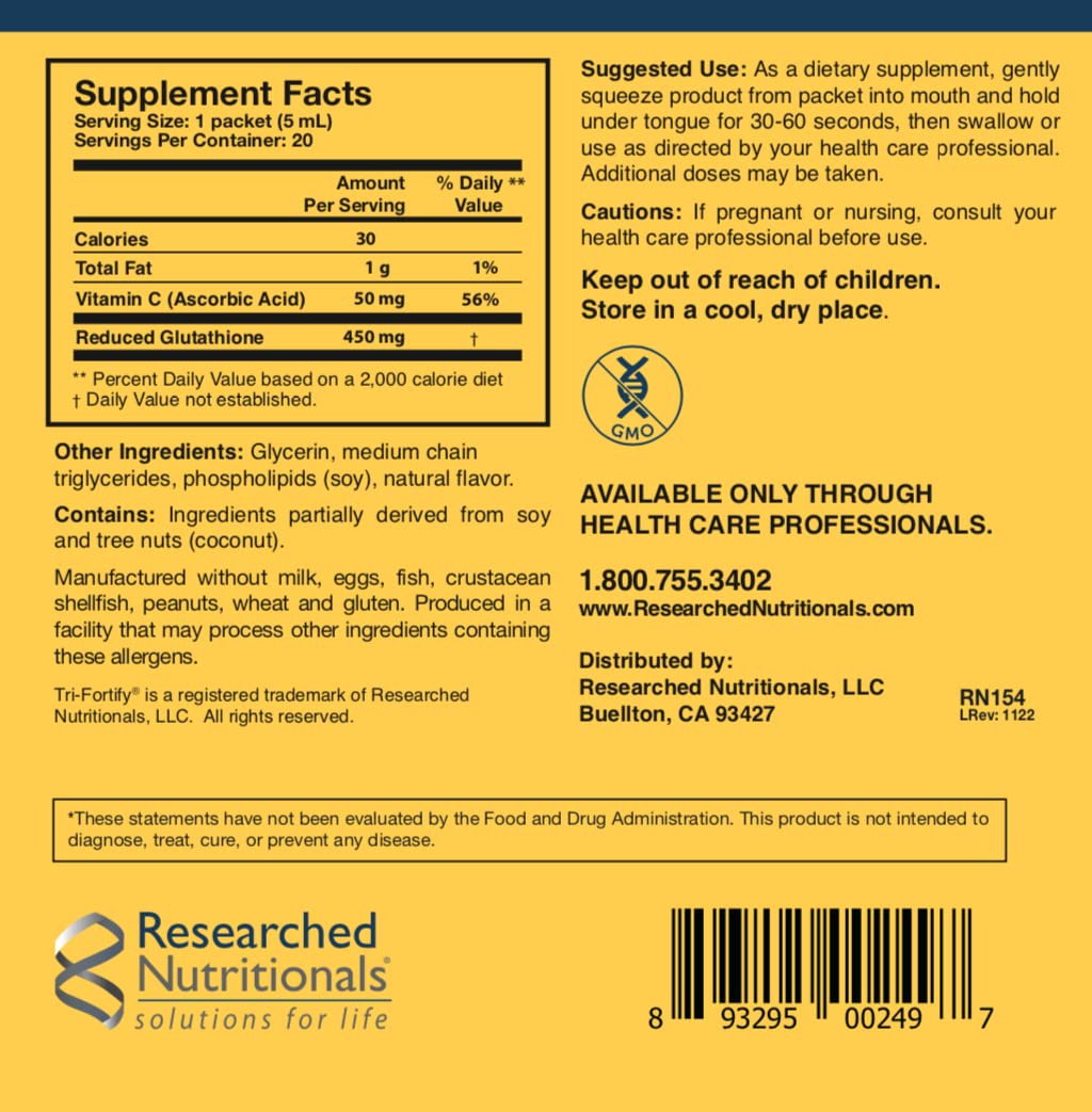 Researched Nutritionals Liposomal Glutathione (450mg) Liquid Gel + Vitamin C – Tri-Fortify, Watermelon, 20 Packets