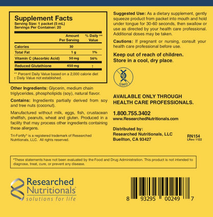 Researched Nutritionals Liposomal Glutathione (450mg) Liquid Gel + Vitamin C – Tri-Fortify, Watermelon, 20 Packets