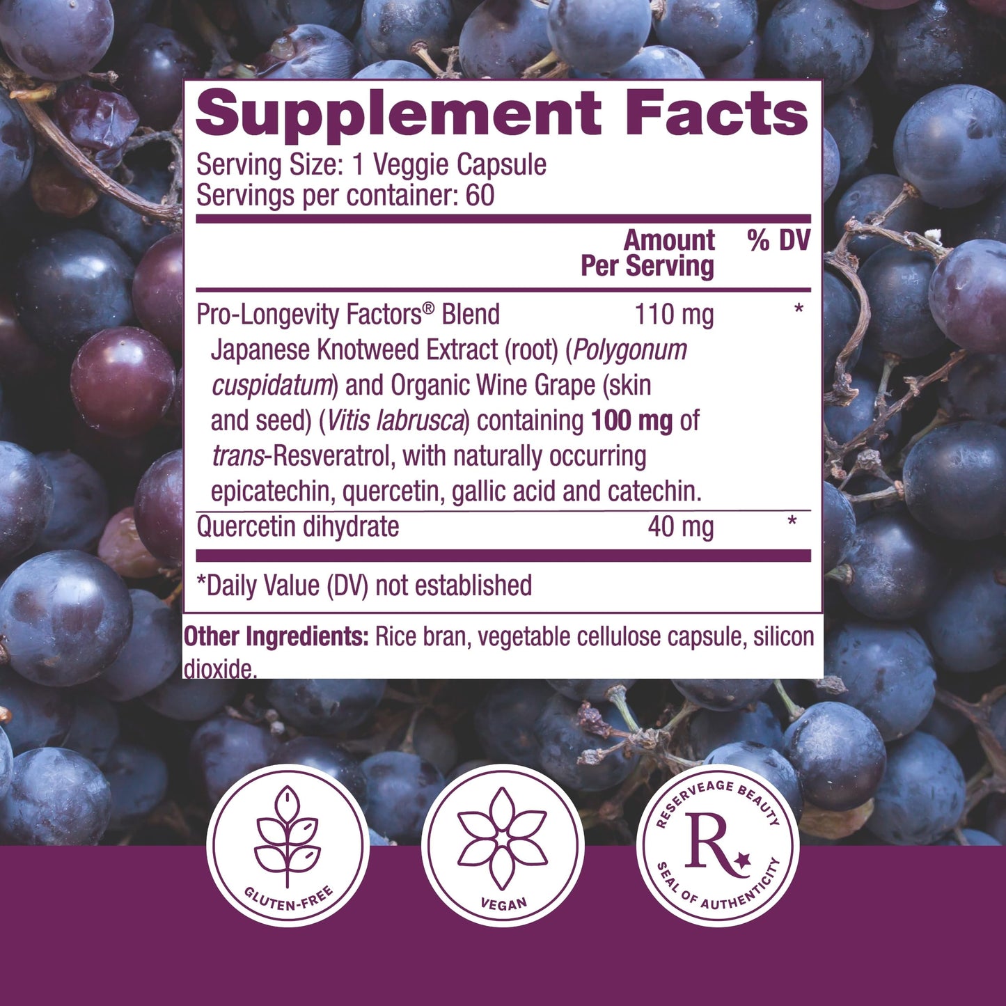 Reserveage Beauty Resveratrol 100 mg – Antioxidant Support for Heart, Aging & Immune Health | 60 Capsules (Pack of 2)