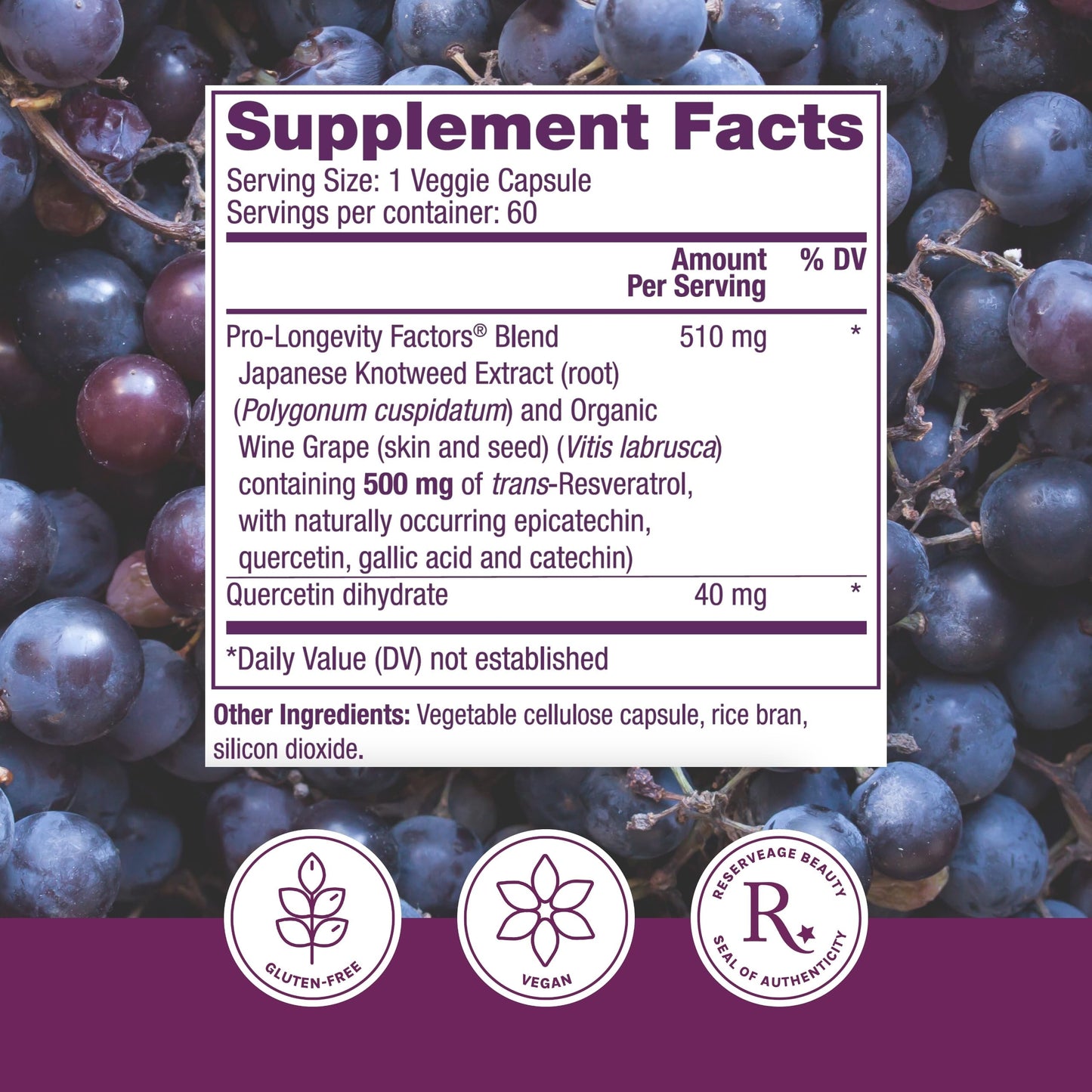Reserveage Beauty Resveratrol 500 mg — Heart & Cellular Health Antioxidant Support | Vegan Capsule