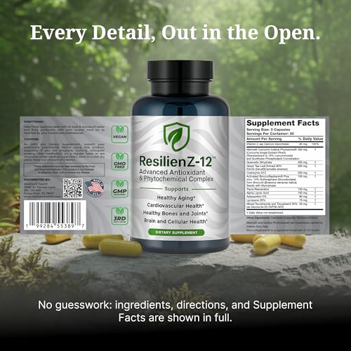 ResilienZ-12 Antioxidants Supplement – 12-in-1 Phytonutrient Complex with Meriva Curcumin Phytosome, Vitamin C, Sulforaphane, Astaxanthin, EGCG Green Tea, CoQ10 & Quercetin – 90 Vegan Capsules