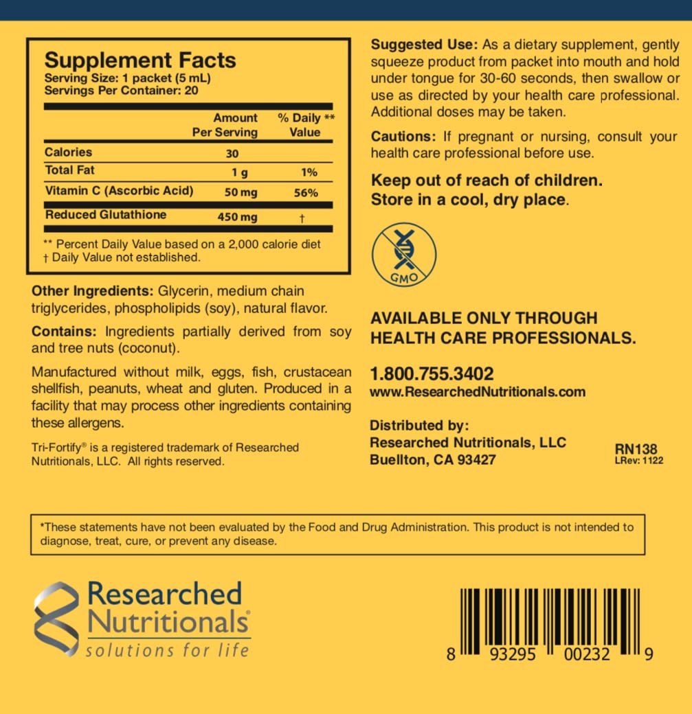 Researched Nutritionals Liposomal Glutathione (450mg) Liquid Gel + Vitamin C — Tri-Fortify | Immune Support & Detox, Orange Flavor, 20 Pack
