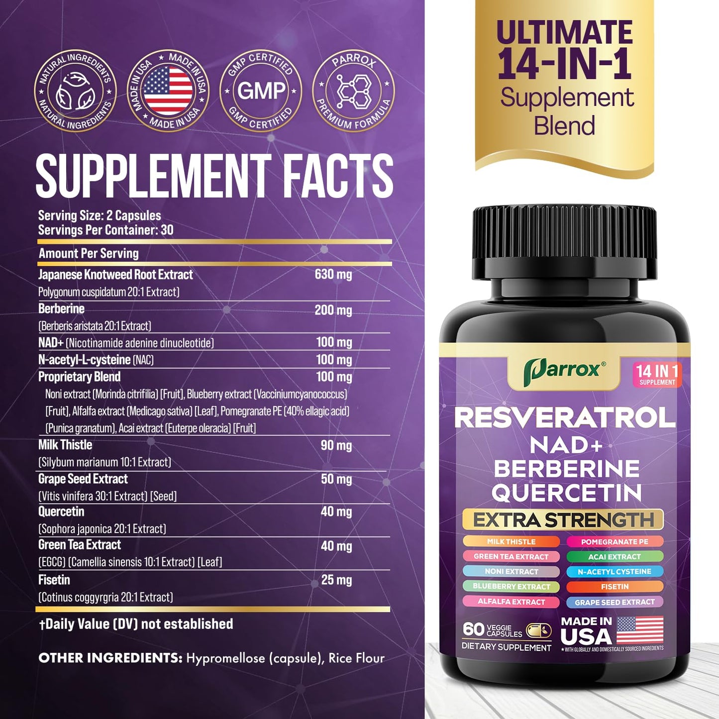 Resveratrol 14-in-1 Extra Strength Supplement (120 Caps) – NAD+, NAC, Milk Thistle & More