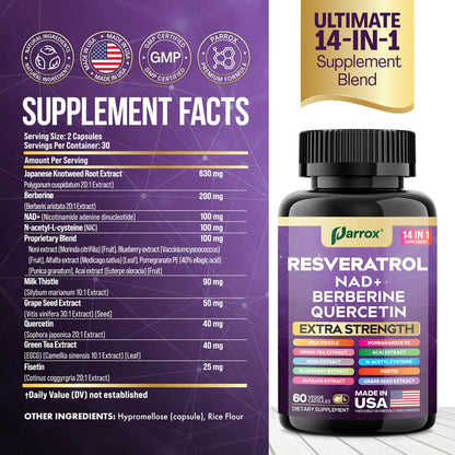 Resveratrol 14-in-1 Extra Strength Supplement (120 Caps) – NAD+, NAC, Milk Thistle & More