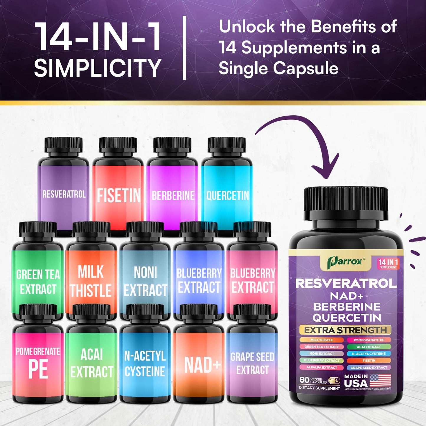 Resveratrol 14-in-1 Extra Strength Supplement (120 Caps) – NAD+, NAC, Milk Thistle & More