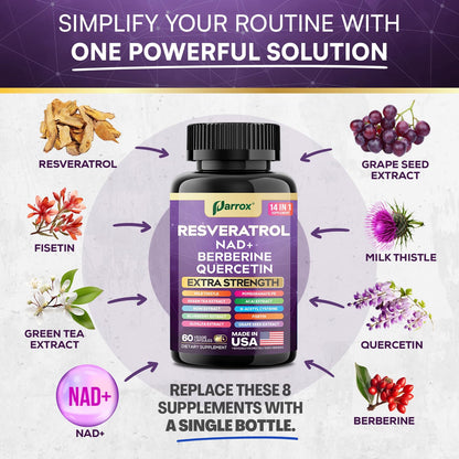 Resveratrol 14-in-1 Extra Strength Supplement (120 Caps) – NAD+, NAC, Milk Thistle & More