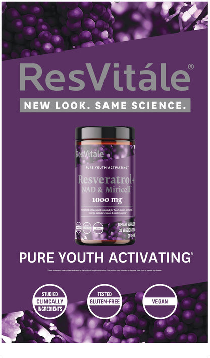 ResVitále Resveratrol + NAD & Miricell 1000 mg | Advanced Antioxidant Support | 30 Veggie Capsules