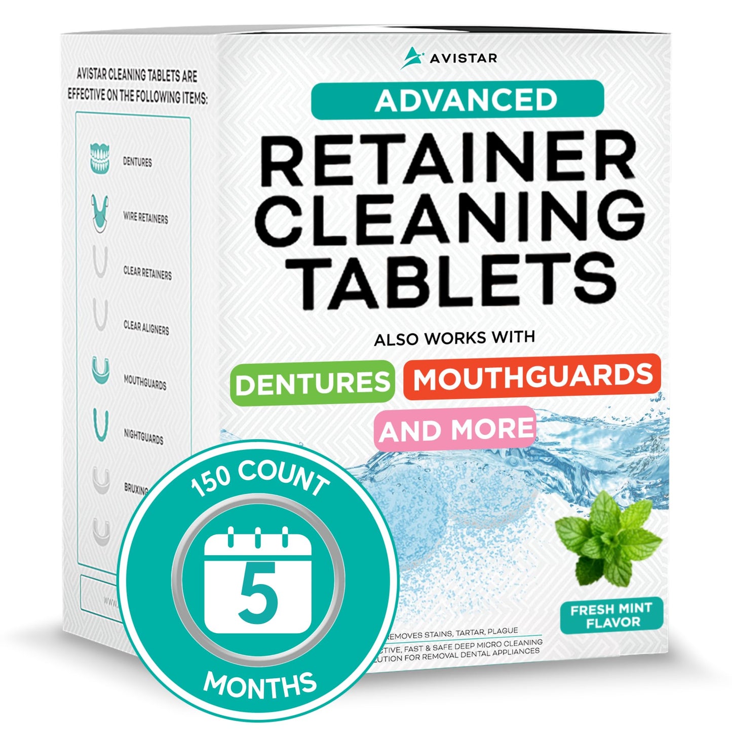 Mint Flavor Retainer & Mouth Guard Cleaner Tablets - Invisalign, Dentures, 150 Count