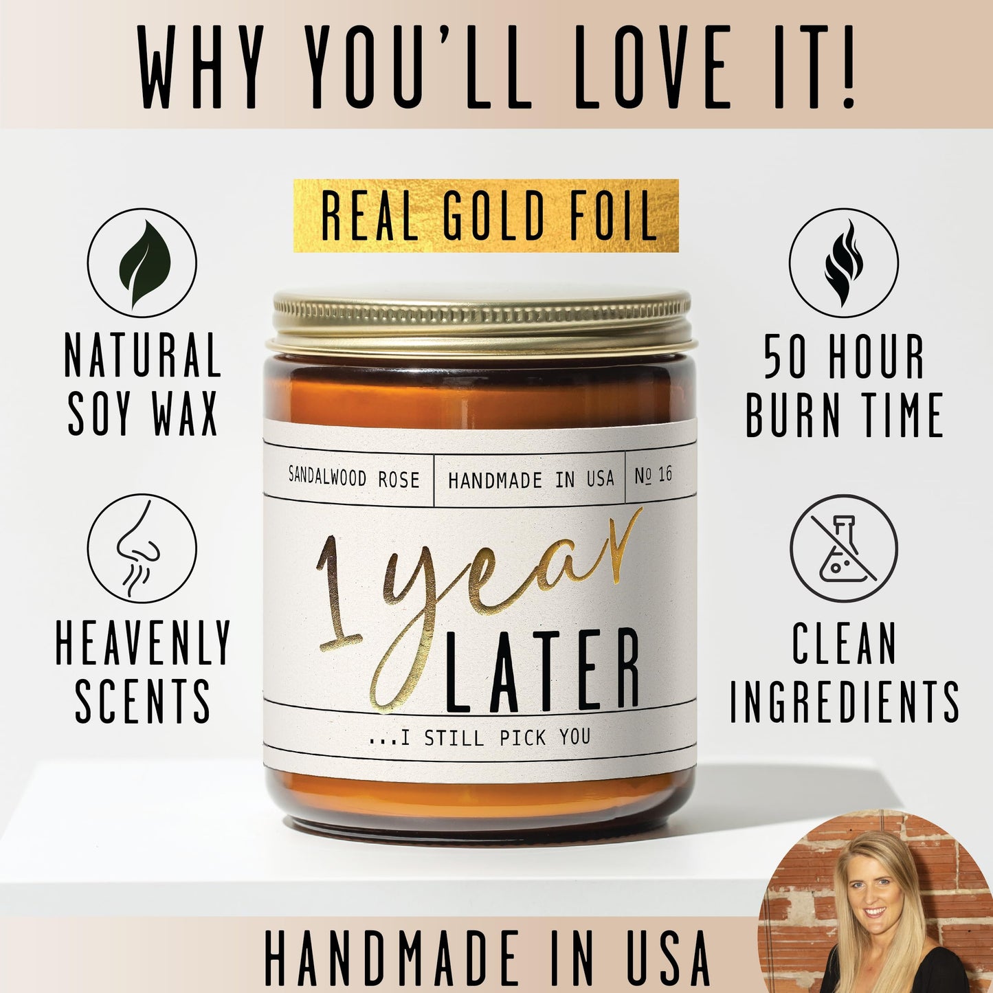 1 Year Anniversary Gift for Her – 1 Year Later Candle, Sandalwood Rose, USA Made