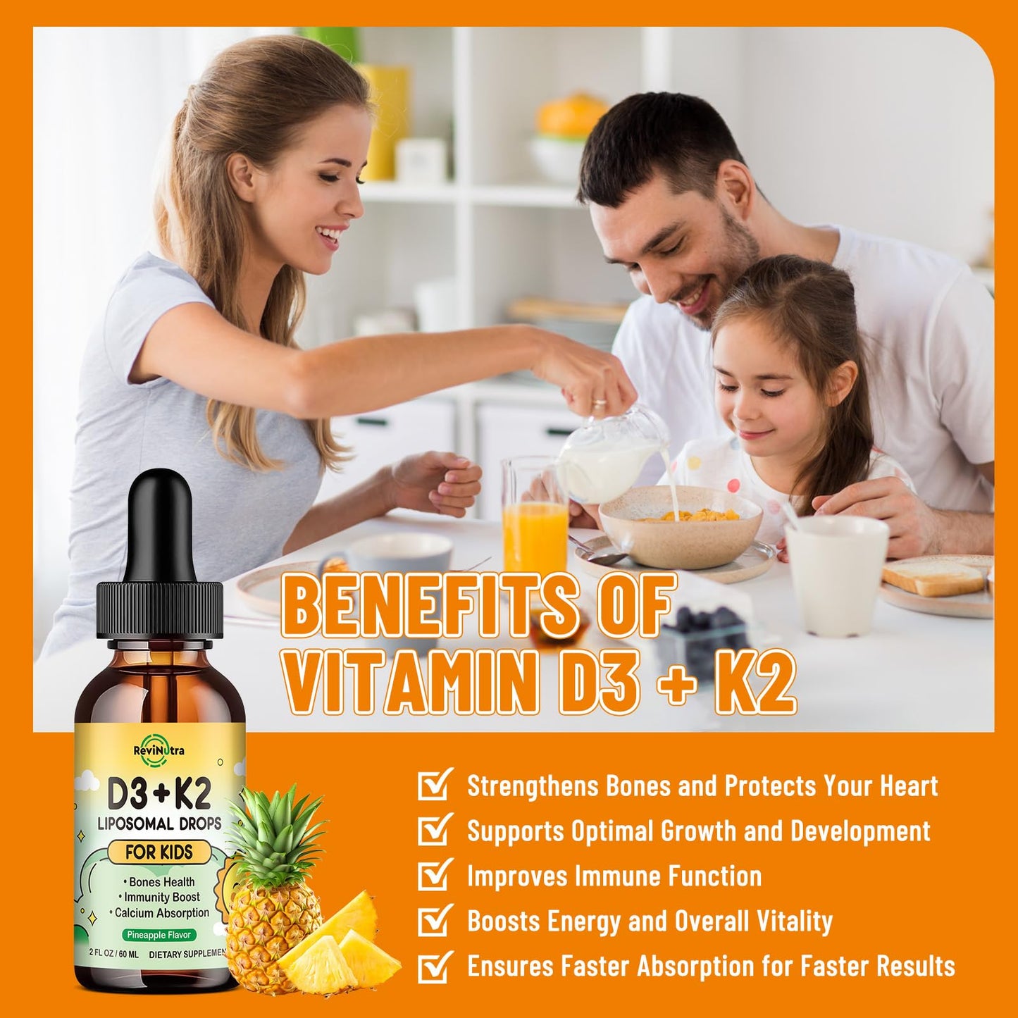 ReviNutra Vitamin D3 K2 Drops for Kids – Liposomal D3 K2 with Pineapple Flavor (2 oz)