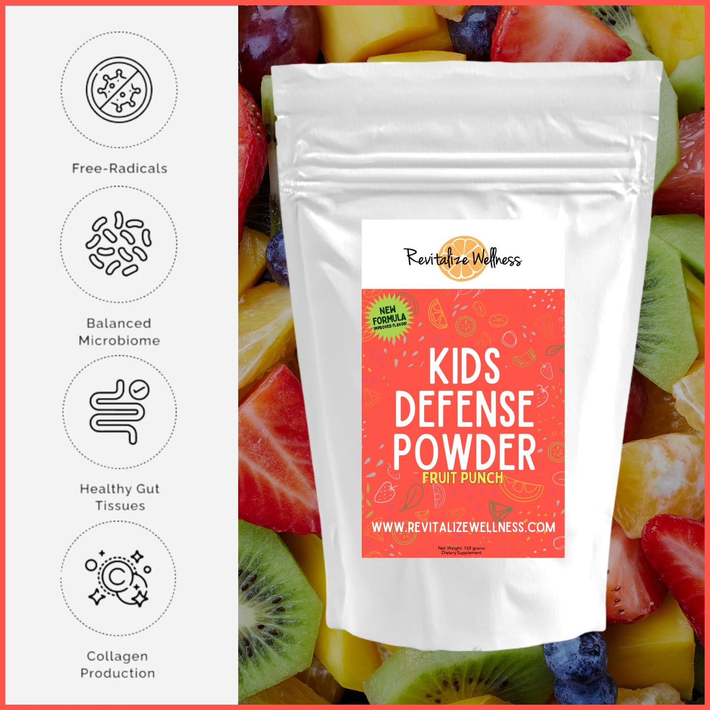 Revitalize Wellness Kids Defense Powder - 1000 mg Vitamin C, 250 mg B3, Fruit Punch, 120 Servings