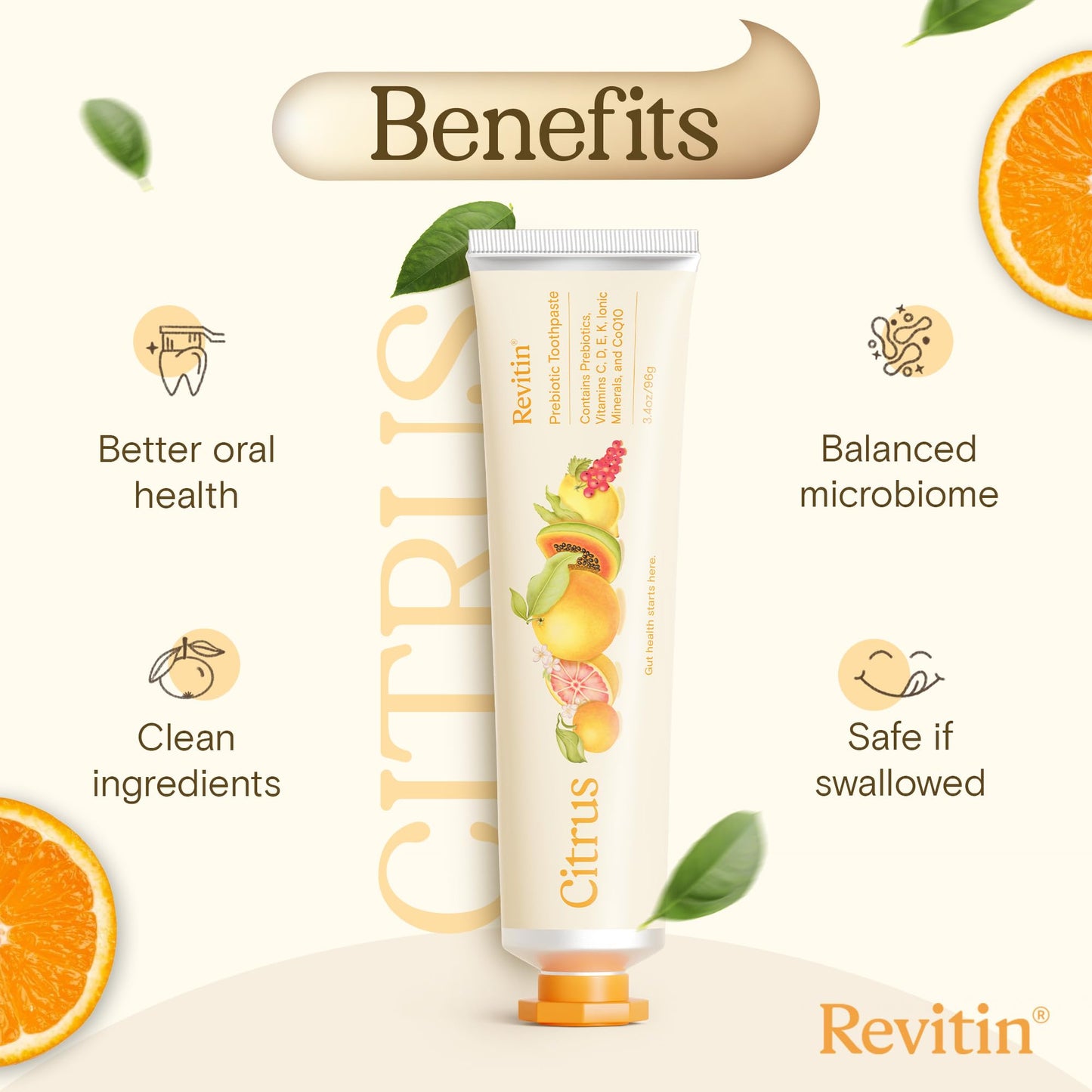 Revitin Toothpaste – Fluoride-Free Prebiotic Citrus Gel | Non-Toxic, Kid Approved | Pack of 3