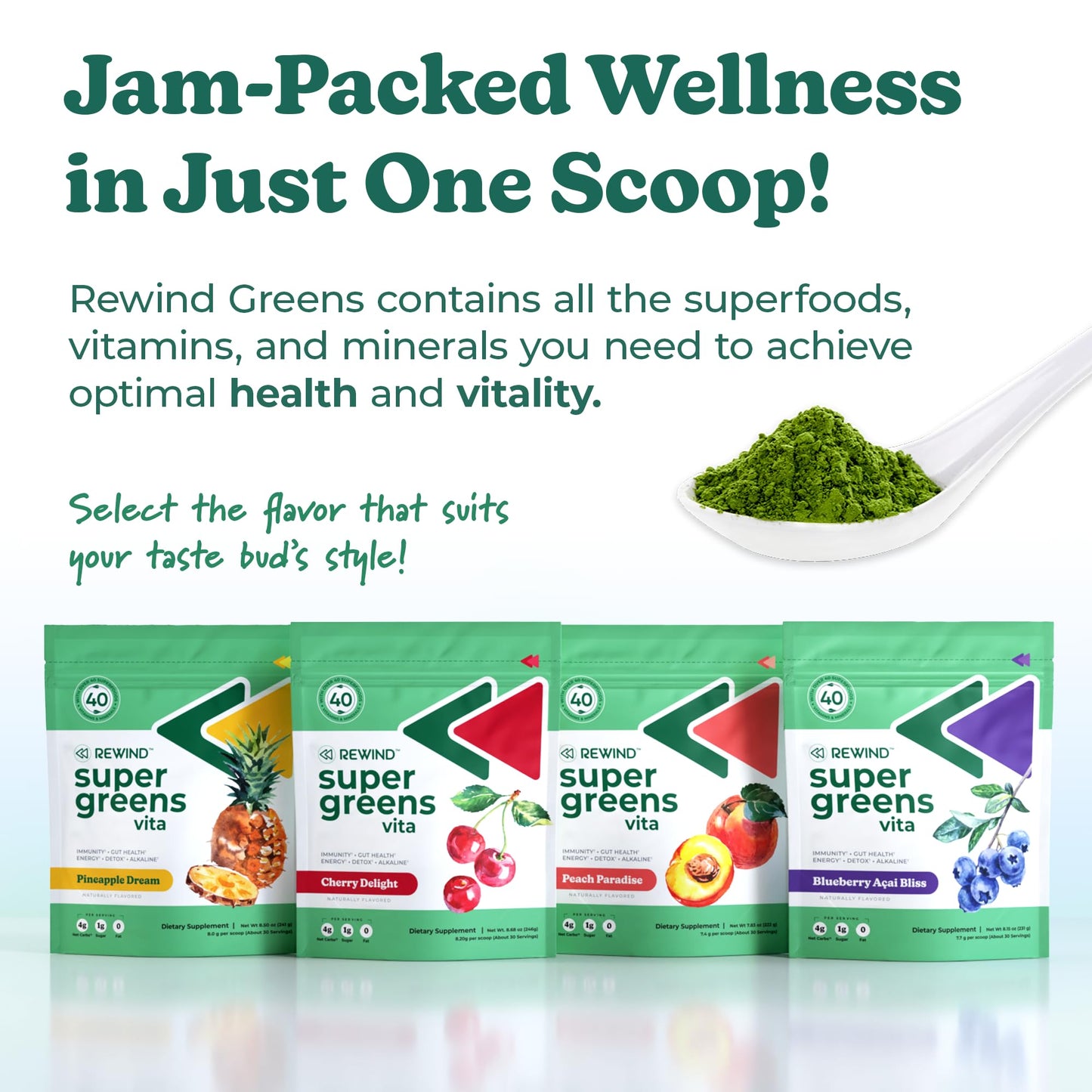 Rewind Best Tasting Super Greens Powder – Pineapple Flavor, 40+ Superfoods, Vitamin B12 & Zinc