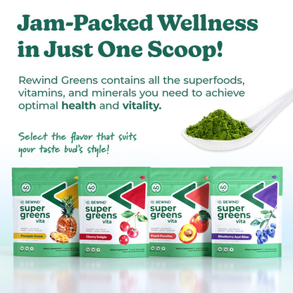 Rewind Best Tasting Super Greens Powder – Pineapple Flavor, 40+ Superfoods, Vitamin B12 & Zinc